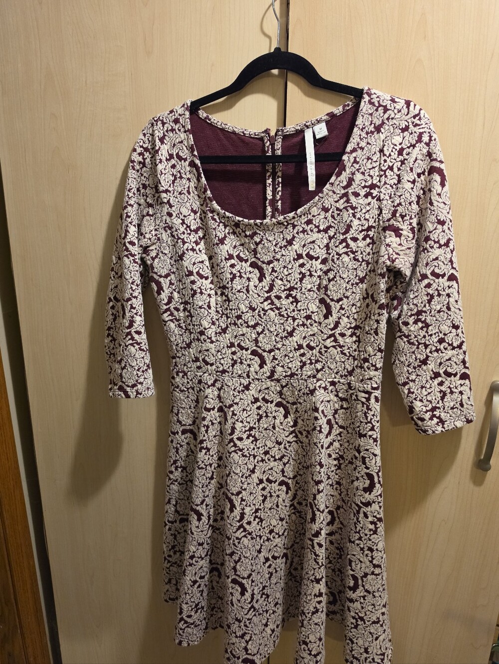 LC Lauren Conrad Maroon and Cream Patterned Scoop Neck Long Sleeve Dress